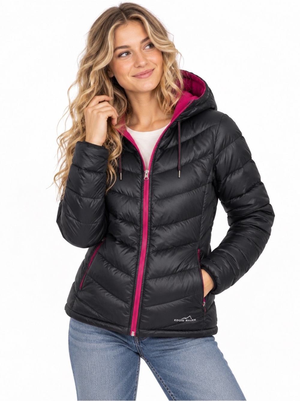 Eddie Bauer lightweight black quilted puffer jacket, size Medium, with premium g